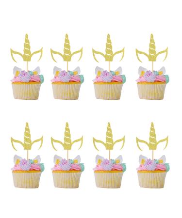Arthsdite 24Pcs Unicorn Horn Cupcake Toppers Gold Glitter Unicorn Cupcake Picks for Unicorn Theme Baby Shower Birthday Wedding Engagement Party Cake Decorations Supplies - Gold Glitter
