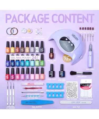 Gellen 24 Colors Gel Nail Kit with UV/LED Light, 72W Nail Dryer, Nail Drill, Base & Top Coat All-In-One Manicure Gift Set for Nail Art Designs, Glitter Starter Set - Fire & Ice - Buy Online on GoSupps.com