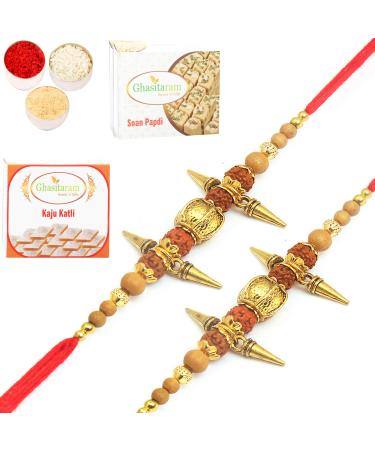 Ghasitaram Gifts Rakhi for Brother Rakhis Online - Set of 2 - AU7002- Rudraksh Rakhi with 200 GMS of Kaju katli and 200 GMS of Soan Papdi 2 Rakhis with 200 gms of Kaju katli and Soan Papdi