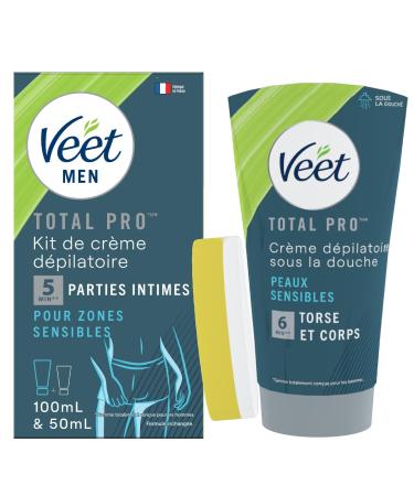 VEET MEN - Lot de 2 Cr mes D pilatoires Homme Peaux Sensibles - Corps & Torse Sous la Douche 150ml - Parties Intimes 100ml avec Baume Soin Aloe Vera 50ml