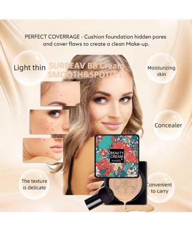 2 PCS Air Cushion CC Cream Set with Mushroom Makeup Sponge - Moisturizing BB Cream for Long Lasting Matte Finish and Bright Makeup Base - Includes Powder Brush - Natural Shade - Buy Online on GoSupps.com
