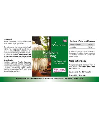 Hericium Powder 650 mg - 60 Capsules Functional Vital Fungus Adaptogen Highly Dosed Vegan | Vitamintrend  - Buy Online on GoSupps.com