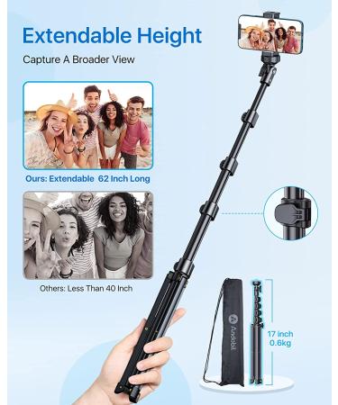 Andobil 62'' Tripod for iPhone | Wireless Remote | Extendable Cell Phone Stand | Lightweight Travel Tripod | Compatible with iPhone 13 Pro Max/12/11, Samsung S22/S21, Android, Camera, GoPro - Black - Buy Online on GoSupps.com