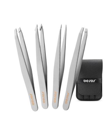 Fuckettes set 4 ST - stainless steel tweezers Perfect precision for eyebrow plucking face hair removal High quality tweezers for ingrown hair face hair splinter blackhead silver -1