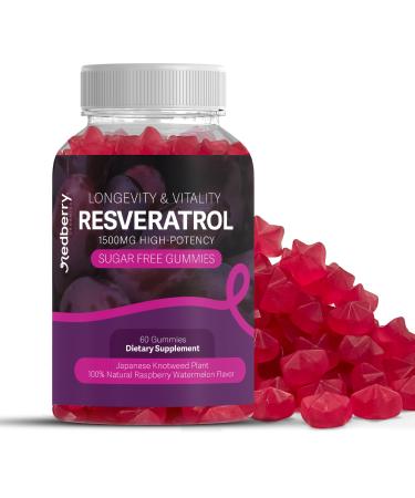 Redberry Organics Resveratrol Supplement 1500mg Gummies | 98% Pure Japanese Knotweed | Resveratrol Organic Ingredients Sugar-Free Gluten Free | Daily Longevity & Healthy Aging Supplement