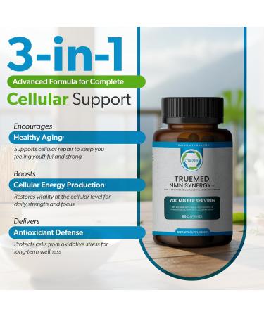 TRUEMED NMN Synergy+ 700mg Premium NMN Supplement with Resveratrol & Pterostilbene | Advanced NAD+ Supplement for Cellular Energy & Wellness Support | Non-GMO Vegan 60 Capsules - Buy Online on GoSupps.com