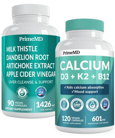 Calcium D3 K2 B12 (1pk) and Liver Support (1pk) Supplement Bundle - Potent Vitamins for Bone Heart Liver Function & Immune Support - Non-GMO Vegan Gluten-Free
