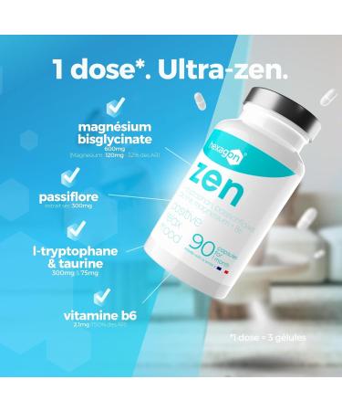 Zen Anti-Stress Complex Magnesium Bisglycinate Passionflower L-Tryptophan Taurine Vitamin B6 - Promotes Relaxation - 90 Vegetable Capsules - Made in France Hexagon - Buy Online on GoSupps.com