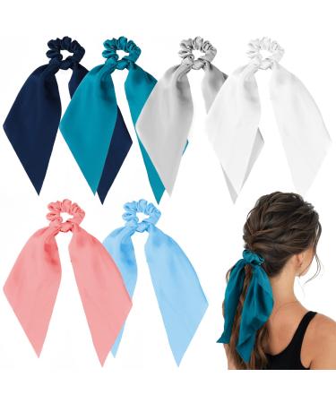 6 PCS Hair Scarf Scrunchies Knotted Bow Hair Ties Satin Hair Ribbon Scrunchy Elastic Hair Bands Silk Bowknot Ponytail Holder Hair Accessories for Women Girls (White  Grey  Green  Blue  Pink) Solid Colors