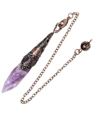 Kyeygwo amethyst Reiki healing stone pendulum with vintage chain crystal point pendant necklace for women and men gemstone quartz quartz pendules for divination meditation scrying balance violet (amethyst)