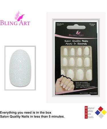 Bling Art Oval False Nails Gel Glossy Glitter French Manicure Fake Medium Tips with Glue (Pearl White Gel) - Buy Online on GoSupps.com