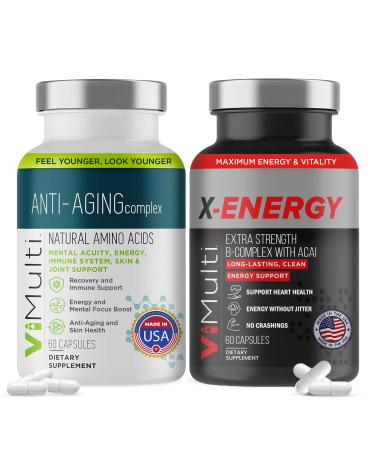 vimulti Ultimate Wellness Bundle: Anti-Aging Supplement Pills & Energy Supplements for Men and Women Natural Amino Acids & B Complex Multi Blend with Acai for Energy Immune Health 60 Capsules Each