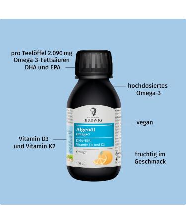 Dr. Budwig Omega 3 Algae Oil Vegan 100ml - High DHA & EPA Vitamin D3 & K2 Omega 3 for Kids - Natural Algae Oil Supplement - Buy Online on GoSupps.com