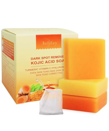 Inlifay Kojic Acid Soap Dark Spot Remover Soap with Vitamin C Vitamin E Retinol Collagen Turmeric Hyaluronic Acid Moisturizing for Body & Face 50g-3 pack