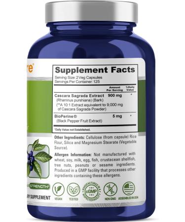 NusaPure Cascara Sagrada 9 000mg - 250 Vcaps (Bioperine Non-GMO 10:1 Extract) | International Shipping Available - Buy Online on GoSupps.com