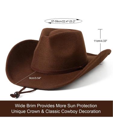 Lanzom Retro Felt Cowboy Hat - Coffee, Medium | Wide Brim Western Cowgirl Dress Up Hat with Wind Lanyard - Buy Online on GoSupps.com