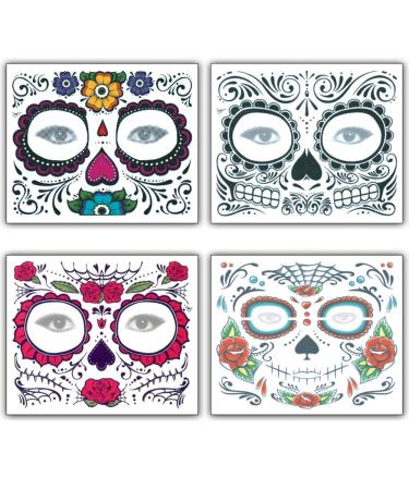 Halloween Face Tattoo Stickers Day of the Dead Tattoos Sugar Skull Water Transfer Stickers with Floral Red Rose Black Web Fake Face Mask Temporary Tattoo for Halloween Parties  Masquerade 4 PCS