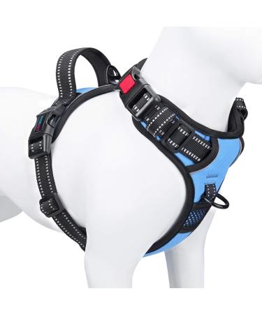 Phoepet Dog harness no pulling reflective adjustable vest with training handle name ID card 2 metal linen hooks 3 snap buckles simply put on and move out size L baby blue baby blue l