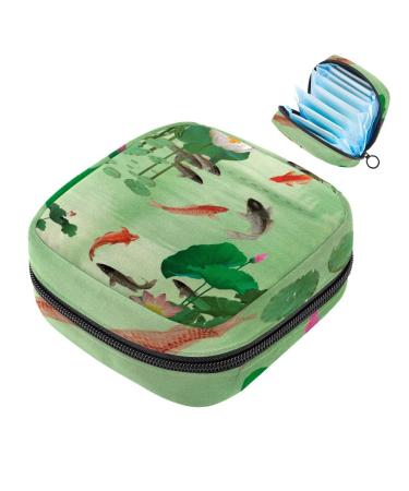 Menstruation pad bag with zipper women's napkin bag tampons collection bags for women and girls (lotus pond fish koi)