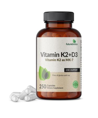 Futurebiotics Vitamin K2 (MK7) with D3 Supplement - Non-GMO Formula - 5000 IU Vitamin D3 & 90 mcg Vitamin K2 MK-7 250 Vegetarian Capsules 250 Count (Pack of 1)