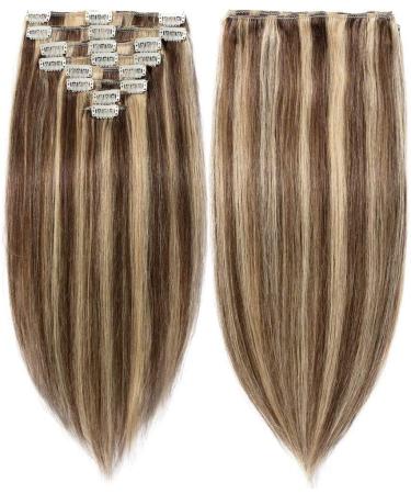 Real Remy Clip In Hair Extensions 8PCs - 40cm Medium Brown/Dark Blonde - 90g Smooth Quality - Buy Online on GoSupps.com