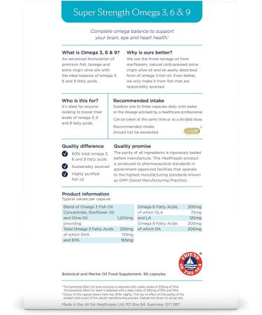 Healthspan Super Strength Omega 3 6 & 9 1200mg (90 Capsules) | Brain, Eye & Heart Health | Premium Fish, Borage & Olive Oils - Buy Online on GoSupps.com