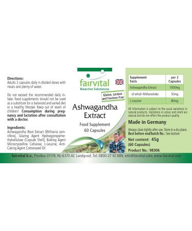 Fairvital | Ashwagandha 500mg - VEGAN - 180 g lules (60 x 3) - Ginseng Indien - extrait d' Ashwagandha extra fort standardis 5% de withanolides - Buy Online on GoSupps.com