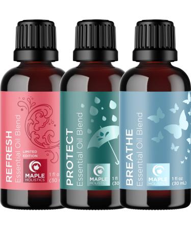 Maple Holistics Essential Oils Set - Day and Night Essential Oil Blends for Diffuser with Protect Refresh and Breathe Essential Oil Blends for Diffusers Aromatherapy and Travel