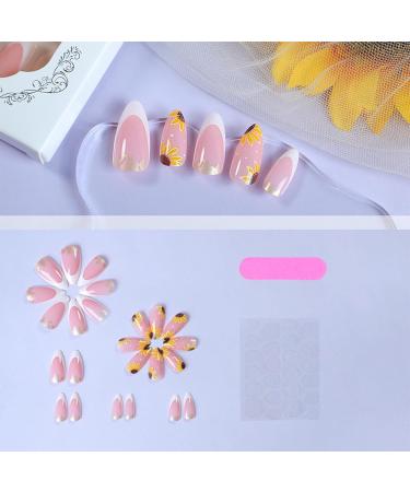 Sunflowers Press on Nails - Medium Almond Glossy White French Tips | 24Pcs Acrylic False Nails with Gold Foil for DIY Manicure - Buy Online on GoSupps.com