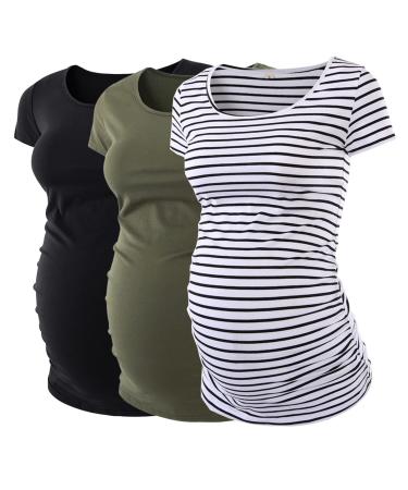 Love2Mi 3PCS Maternity Shirt Short Sleeves Maternity Wear T-Shirt Casual Maternity Tops L Black + Olive Green + Black White Stripes