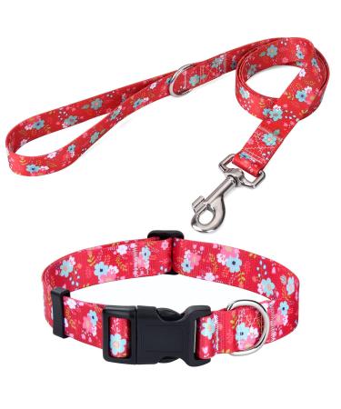 Mihqy dog collar and leash set adjustable soft & comfort nylon dogs collar for small medium-sized dog puppies cats (red flower set m) m (neck circumference 33-55 cm width 2 cm) set red flower