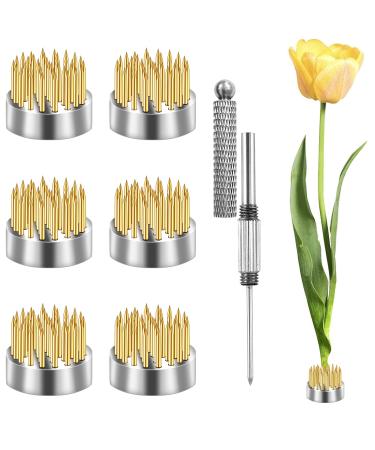 6 Pieces Flower Frogs Kenzan Ikebana Flower Arrangers Floral Fixed Tools Japanese Flower Pin Holder Set with 2 in 1 Kenzan Needle Straightener for Small Vase Flower Arrangement (Gold  0.91 Inch)
