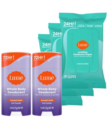 Lume Whole Body Deodorant - 2-Pack Smooth Solid Stick (Soft Powder) and Acidified Deodorant Wipes (Cool Cucumber) - Aluminum Free Baking Soda Free and Skin Safe