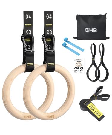 GHB Gymnastic Rings Wooden Gym Rings 1.25'' Training RingsAdjustable Numbered Straps Pull Up Rings Sets for Workout Bodyweight Fitness Training 32mm Rings & Numbered Straps Set