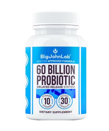 BIGJOHNLAB Probiotics 60 Billion CFU 10 Strains + Organic Prebiotics Immune, Digestive & Gut Health Supports Occasional Constipation, Diarrhea, Gas & Bloating for Women & Men 30ct Advanced Formula 30 Count (Pack