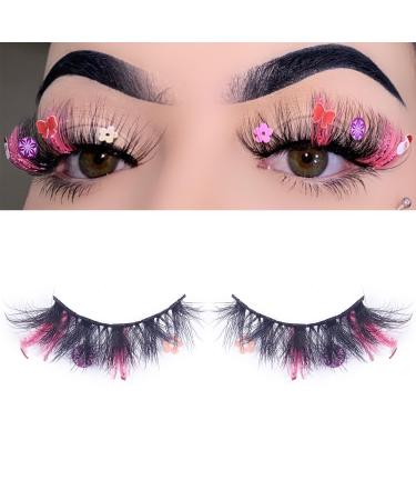 Miss Kiss Pink Glitter Lashes Cute Decoration Eyelashes Sparkly Snow Flower Highlight False Eye Lash Faux Mink For Cosplay Tiktok Dating Festival Party Halloween Christmas Makeup 18 MM Pink-Black