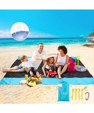 Likorlove Beach Blanket, 94"80" Picnic Blankets Waterproof Sandproof 5-7 Adults Oversized Lightweight Portable Sand Free Quick Dry Mat for Travel Camping Hiking Compact Bag 4 Stakes+ 4 Corner Pockets Black & Blue