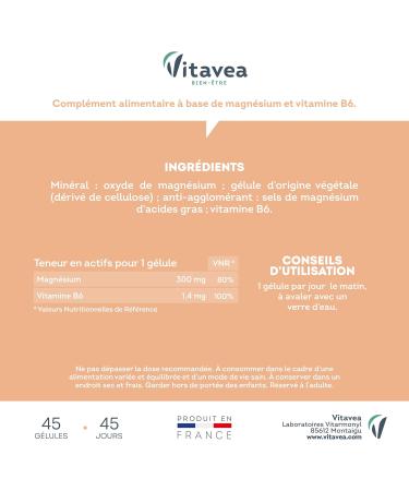 VITAVEA WELL-BEING - Magnesium 300 mg Vitamin B6 - Food Supplement Fatigue Relaxation Energy Relaxation Nervous Balance - Magnesium B6-45 capsules - 45 days cure - Made in France - Buy Online on GoSupps.com