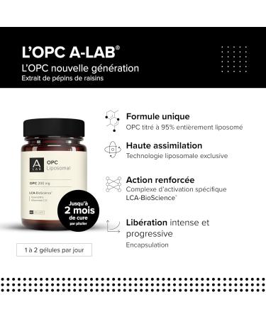 A-LAB OPC Raisin Liposomal 200 mg Extrait de P pin de Raisin - Vitamines C D Querc tine - Antioxydant Circulation C ur Peau - Assimilation Renforc e - Jusqu' 60 jours de prise - Buy Online on GoSupps.com