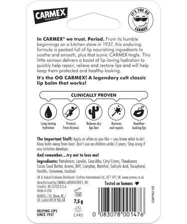 Carmex CLASSIC Moisturising Lip Balm 7.5g - For Dry and Chapped Lips - Buy Online on GoSupps.com