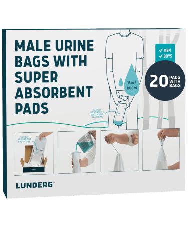 Lunderg Disposable Urine Bags for Men with Super Absorbent Pad - Value Pack 20 Count - Disposable & Portable - For travel, Car Pee Bag or Pocket Toilet for Emergency & Camping. Help Yourself Anywhere! 20 Count (Pack of 1)