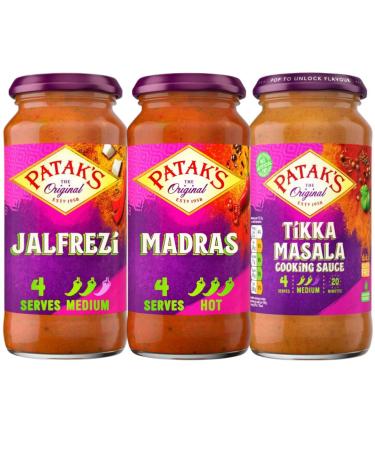 Patak's Jalfrezi Curry Sauce Jar 450g with Madras Curry Sauce Jar 450g & Tikka Masala Curry Sauce Jar 450g (3 Pack Mixed Bundle)