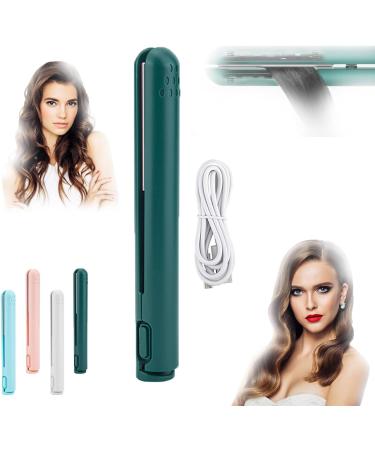 Mini Dual-Purpose Curling Iron 2 in 1 Hair Straightener and Curler Portable USB Plug-in Small Hair Curler Iron Ceramic Mini Hair Curling Iron for Short and Long Hair (Green)
