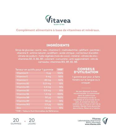 VITAVEA WELL-BEING - Adult Multivitamin Gummies - 11 Vitamins and Minerals - Fatigue Energy Immunity - Vitamin C Vitamin D Vitamin B12 Zinc - Lemon Flavor - 20 gummies - 20 days - Buy Online on GoSupps.com