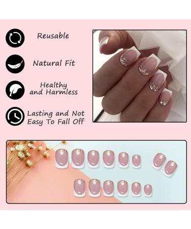 24Pcs Nude Pink Glitter French Tip Press on Nails - Short Square False Nails for Women and Girls - Buy Online on GoSupps.com