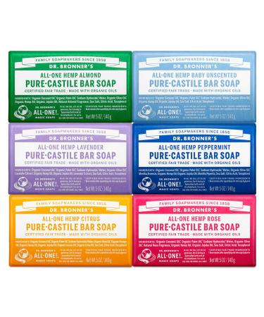 Dr. Bronner's - Pure-Castile Bar Soap (5 Ounce Variety Gift Pack) Almond, Unscented, Lavender, Peppermint, Citrus, Rose - Made with Organic Oils, For Face, Body and Hair, Gentle and Moisturizing