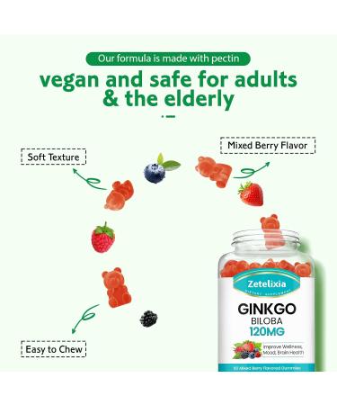 2 Pack Ginkgo Biloba Gummies for Women and Men Brain Supplement Improve Better Mood and Focus Vegan Mixed Berry Flavor 120 Count 60 Count (Pack of 2) - Buy Online on GoSupps.com