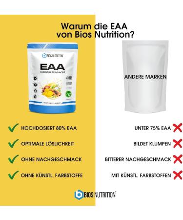 EAA Powder Tropical 1000g (2-Pack) - Vegan Essential Amino Acids | 11g Protein per Serving | No Aftertaste - BIOS Nutrition (Made in Germany) - Buy Online on GoSupps.com