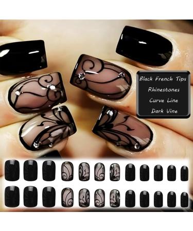 Black Curve Line Press on Nails - Glossy Black Medium Square False Nails with Dark Vine Design & Rhinestones | 24Pcs Gel Glue On Acrylic Manicure Art for Women & Girls - Buy Online on GoSupps.com