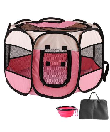 Enkarl Portable Foldable Pet Playpen + Carrying Bag + Travel Bowl Available Exercise Pen Kennel Indoor/Outdoor Water-Resistant Removable Mesh Shade Cover Dogs/Cats/Rabbits Large(36''x36''x23'') Pink